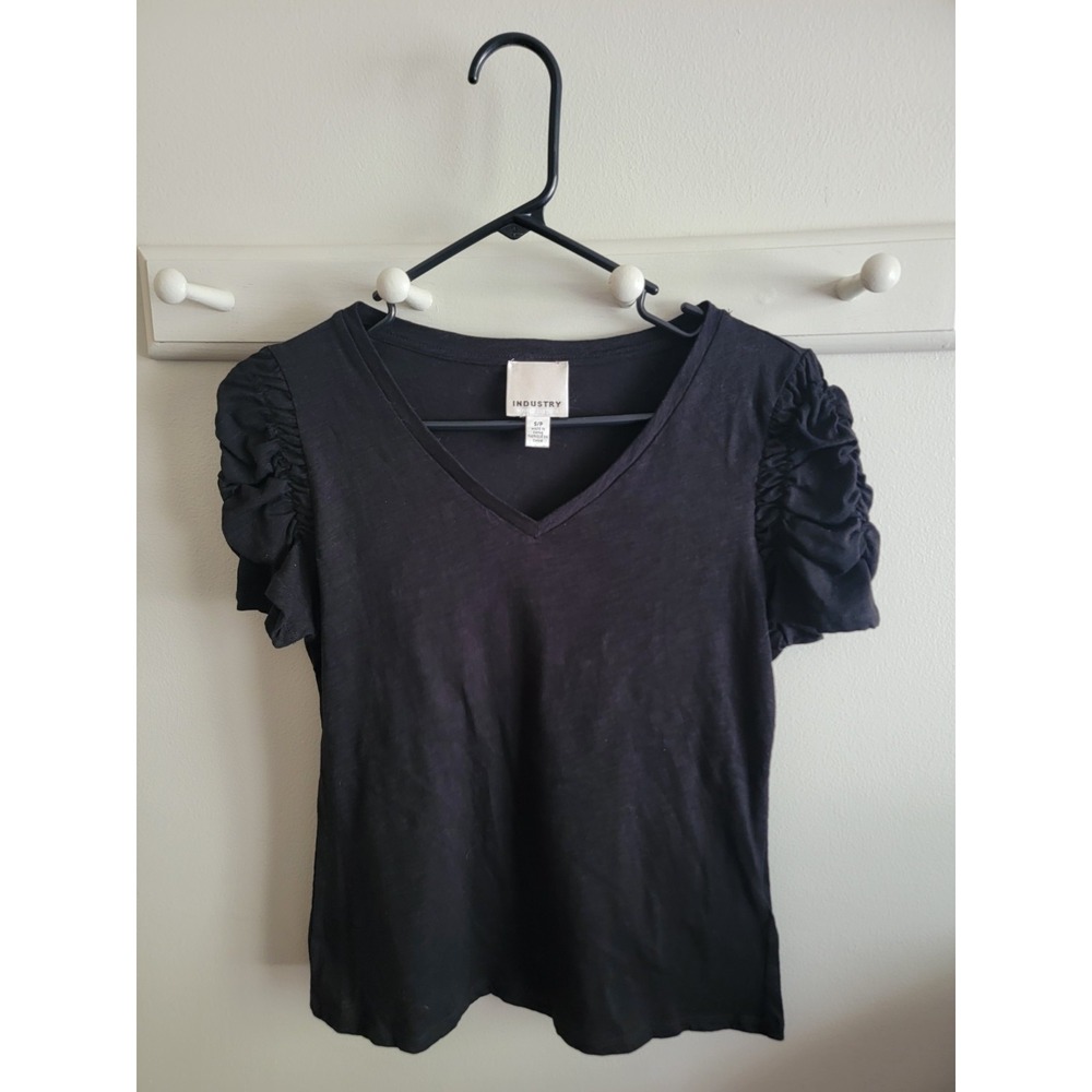 Industry Republic Women's Blk Ruffle Tshirt  Small V Neck Basic Boho Top Casual